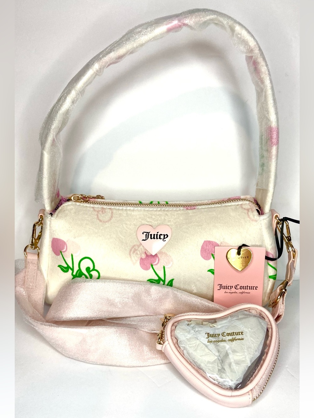 Juicy Couture Cream and Pink Floral Heart-Accent Shoulder Bag with Coin Pouch